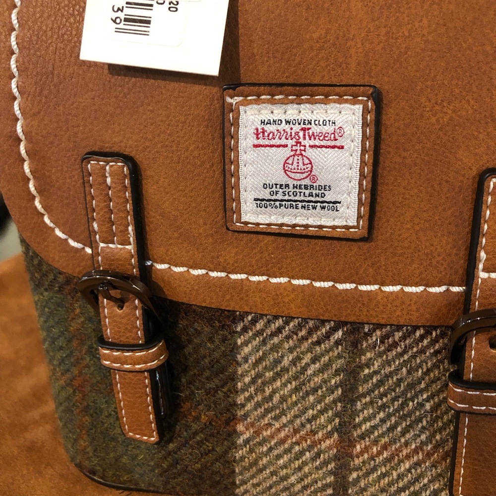 Islander Harris Tweed Mini Backpack NWT in Tartan Green Vegan Leather Bag - Picture 16 of 16